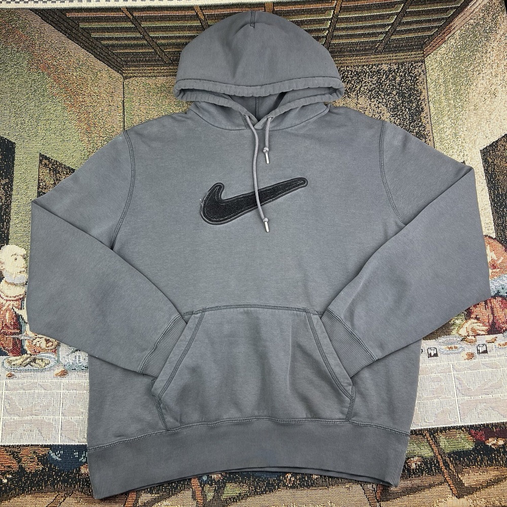 Vintage Nike Hoodie Men's Large Gray Pullover Hooded Sweatshirt Terry Cloth Logo
